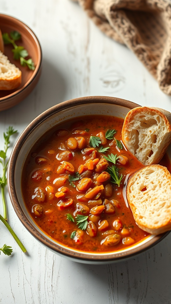 A bowl of spicy lentil soup garnished with fresh herbs and served with slices of bread