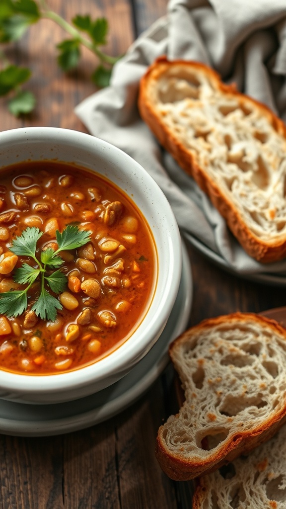 A bowl of spicy lentil soup garnished with cilantro, accompanied by slices of crusty bread.
