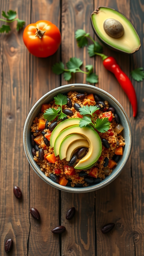 Spicy quinoa and black bean bowl with avocado slices and fresh vegetables