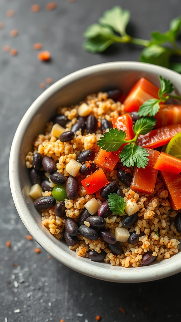 A bowl of spicy quinoa and black bean salad with colorful vegetables.