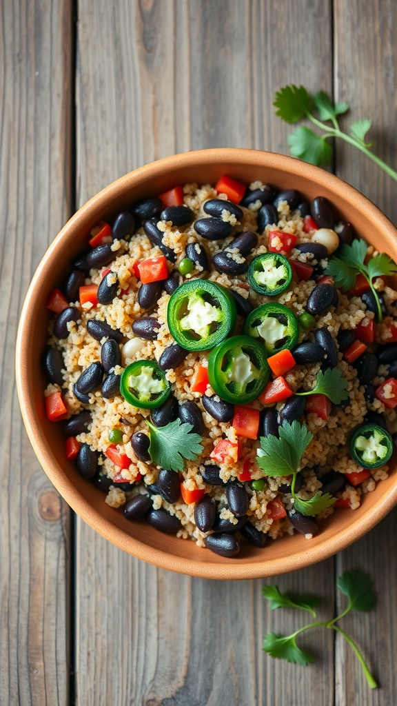 A delicious and colorful Spicy Quinoa and Black Bean Salad in a bowl.