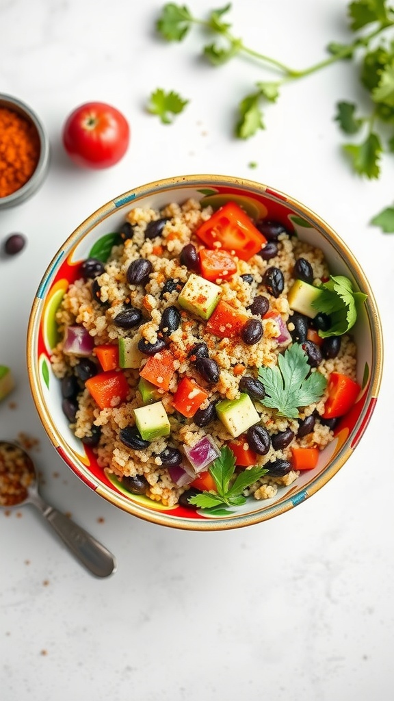 A colorful bowl of spicy quinoa and black bean salad with fresh vegetables and herbs.