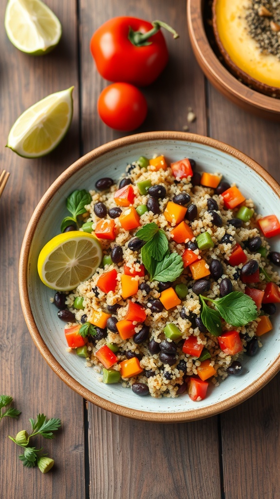 A vibrant bowl of Spicy Quinoa and Black Bean Salad with colorful vegetables.