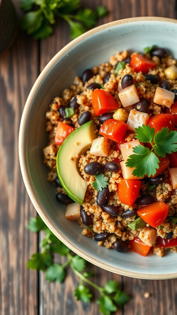 A colorful bowl of spicy quinoa and black bean salad with fresh vegetables.
