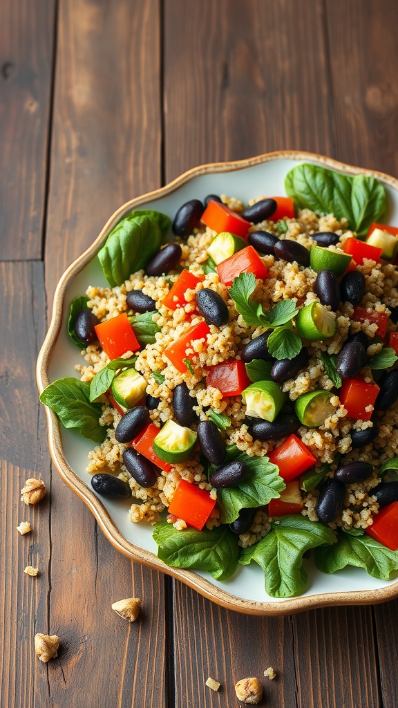 A colorful plate of Spicy Quinoa and Black Bean Salad with a variety of vegetables and greens.