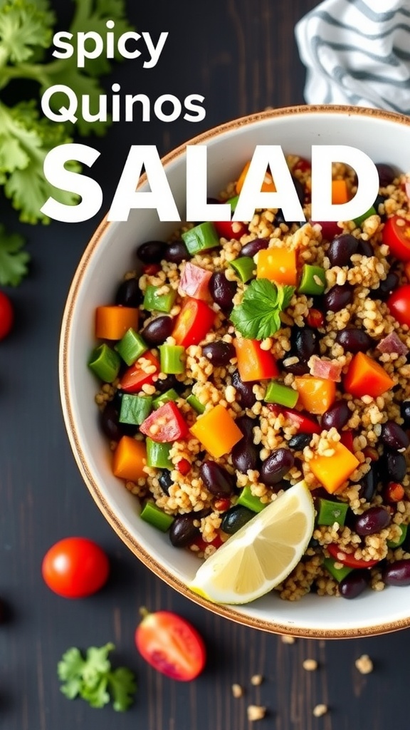 A colorful bowl of spicy quinoa and black bean salad with fresh vegetables and a lemon slice