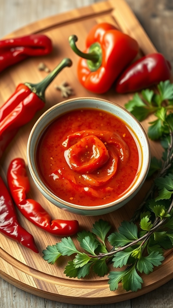 A bowl of spicy roasted red pepper sauce surrounded by fresh red peppers and herbs.