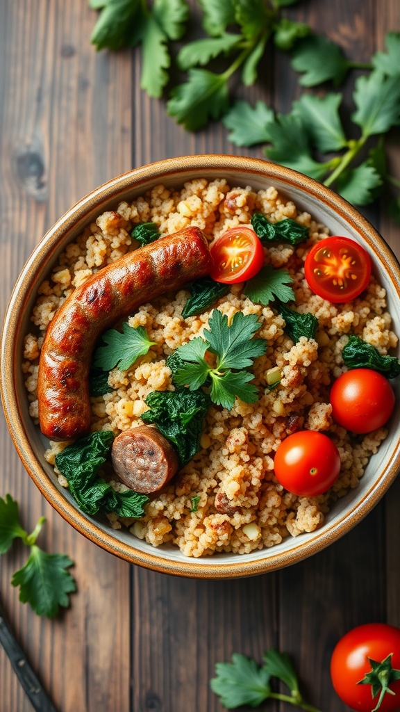A spicy sausage and kale quinoa bowl with tomatoes and herbs.