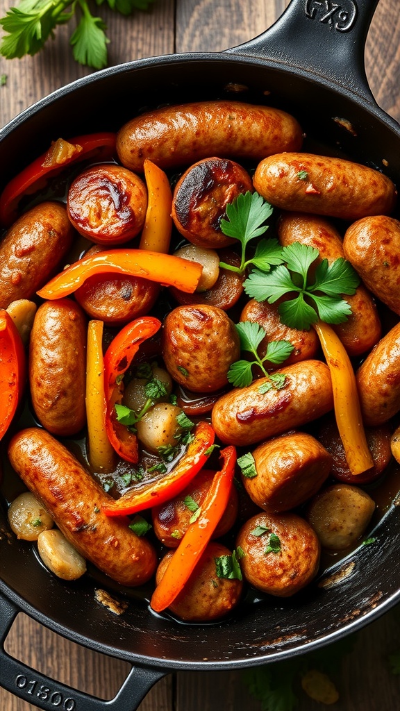 A skillet filled with spicy sausages and colorful bell peppers, garnished with fresh herbs.