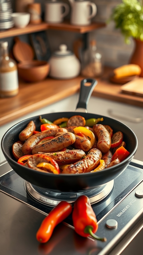 A colorful spicy sausage and peppers skillet dish.