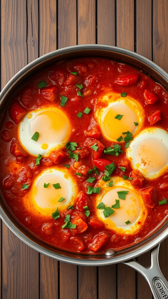 A skillet of spicy shakshuka with poached eggs in a rich tomato sauce, garnished with fresh herbs.