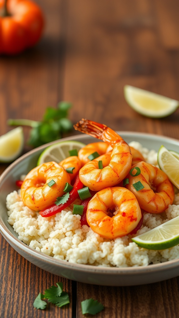A plate of spicy shrimp served over cauliflower rice with lime wedges and fresh herbs.