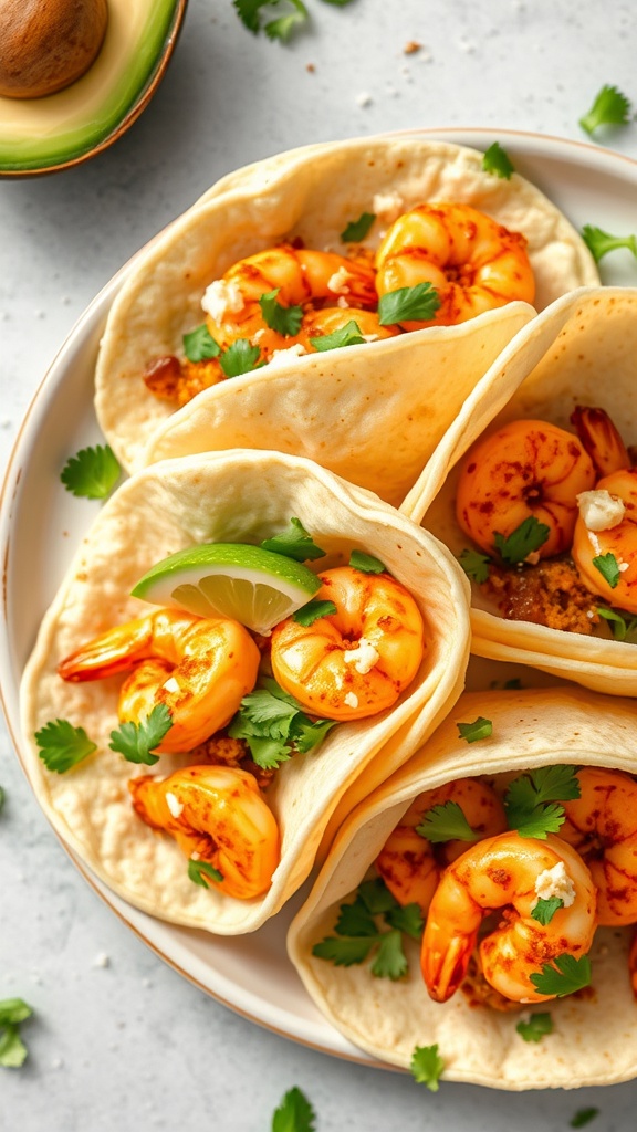 Plate of spicy shrimp tacos with cilantro and lime