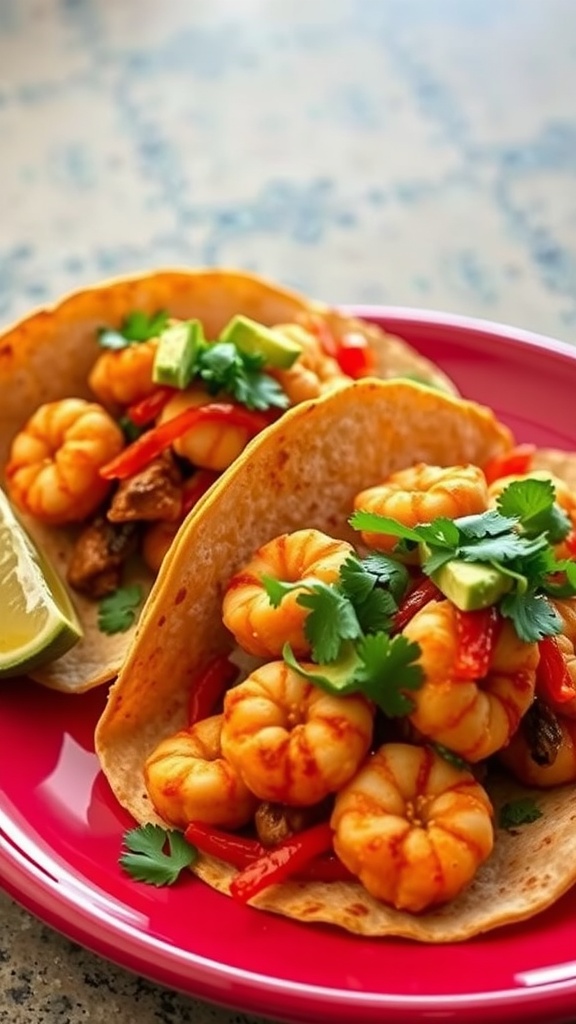Spicy shrimp tacos served on a red plate with fresh toppings.