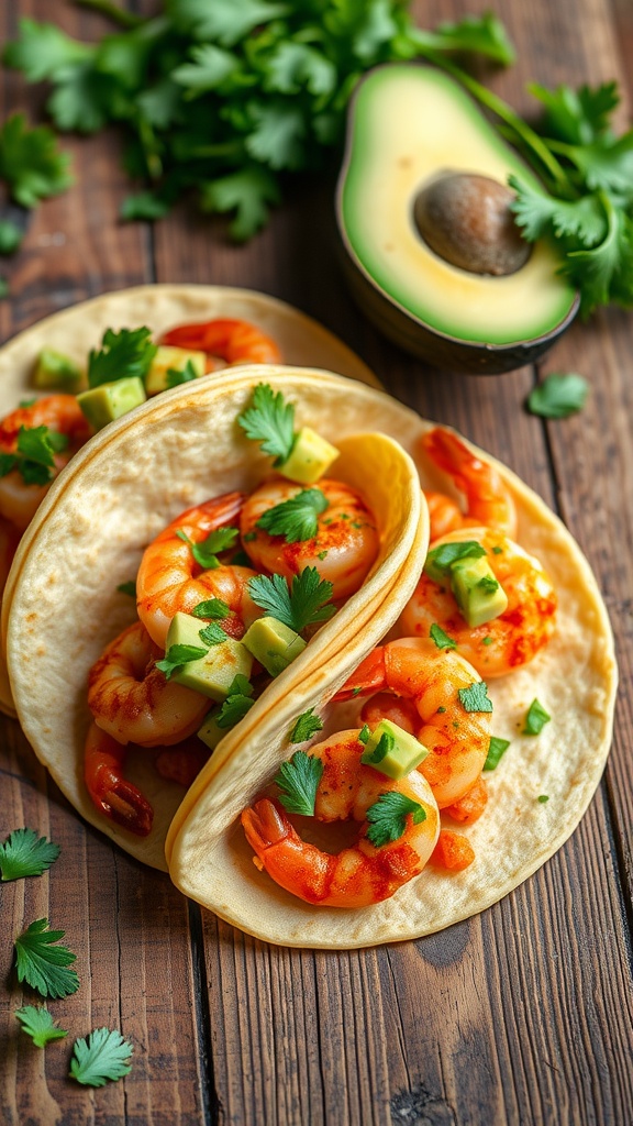 Spicy shrimp tacos with avocado and cilantro on a wooden table
