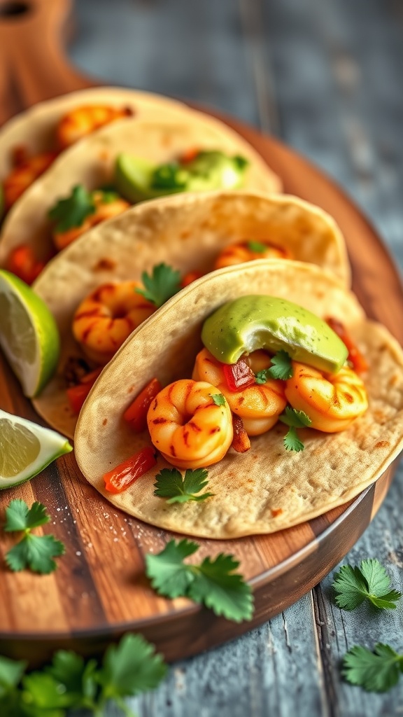 Spicy shrimp tacos with avocado cream on a wooden board.