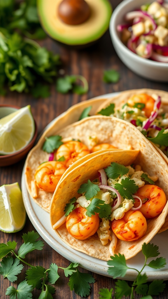 Delicious spicy shrimp tacos with avocado slaw and fresh ingredients.