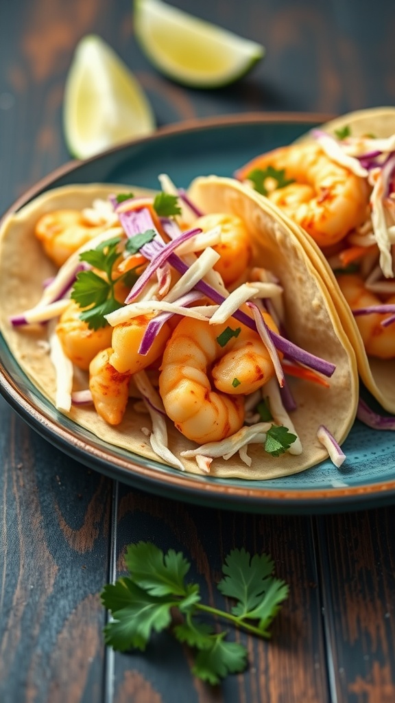 Delicious spicy shrimp tacos with cabbage slaw on a plate