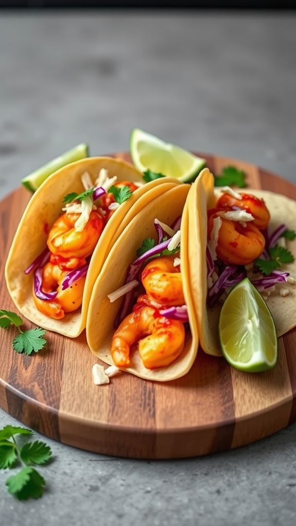 Delicious spicy shrimp tacos with cabbage slaw and lime wedges.