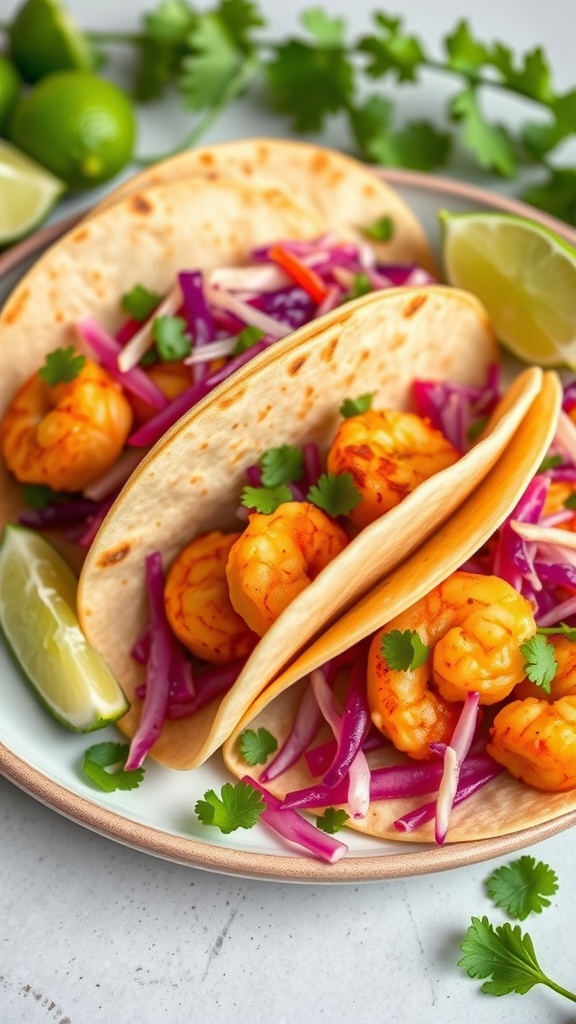 Spicy shrimp tacos with cabbage slaw on a plate, garnished with lime and cilantro.