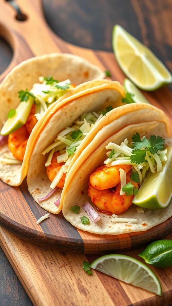 Three spicy shrimp tacos with cabbage slaw on a wooden platter, garnished with lime wedges.
