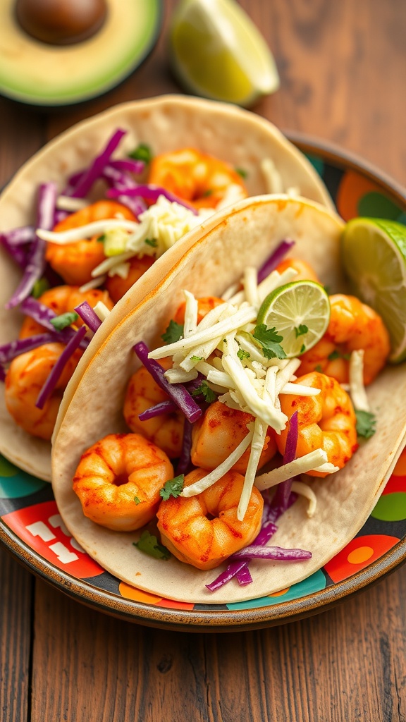 Spicy shrimp tacos with cabbage slaw on a colorful plate