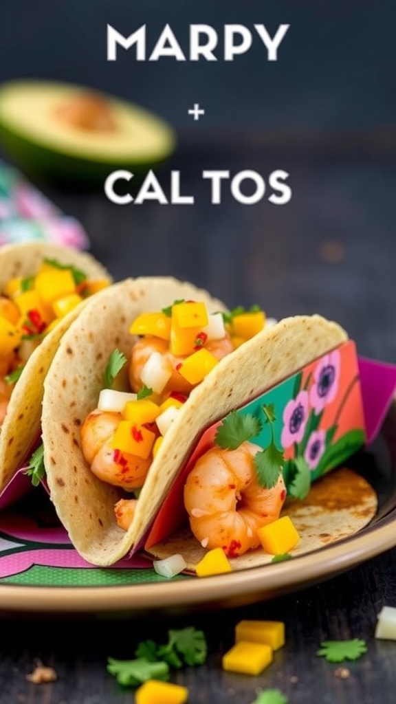 Spicy shrimp tacos with mango salsa in colorful taco holders