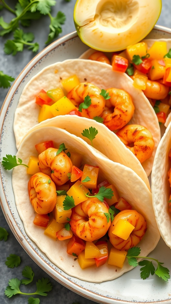 Spicy shrimp tacos topped with mango salsa on a plate.