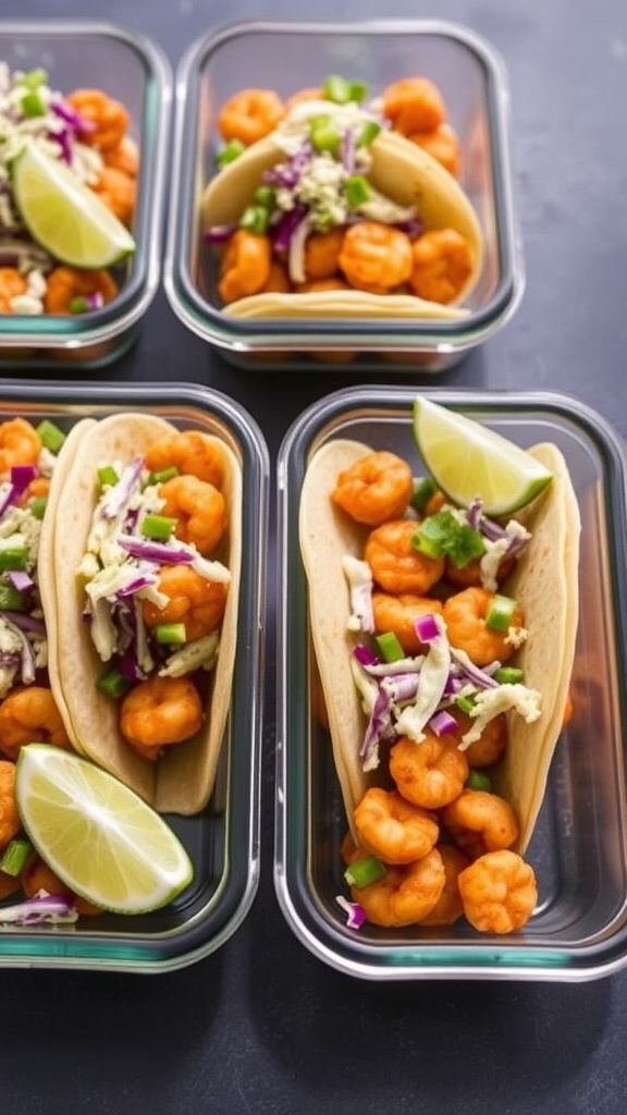 Meal prep containers with spicy shrimp tacos and slaw