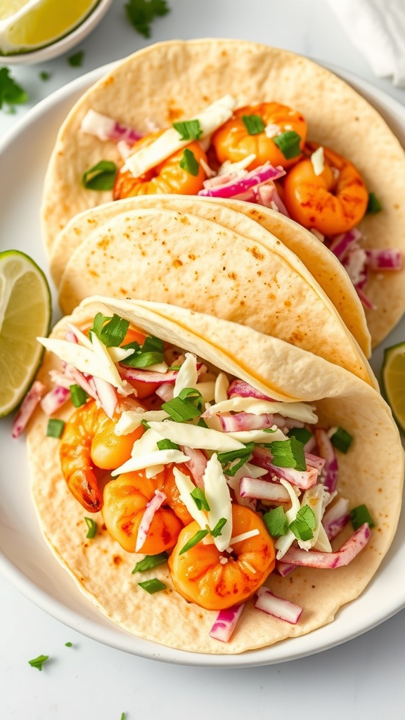 Three spicy shrimp tacos filled with slaw on a plate, garnished with lime and cilantro.