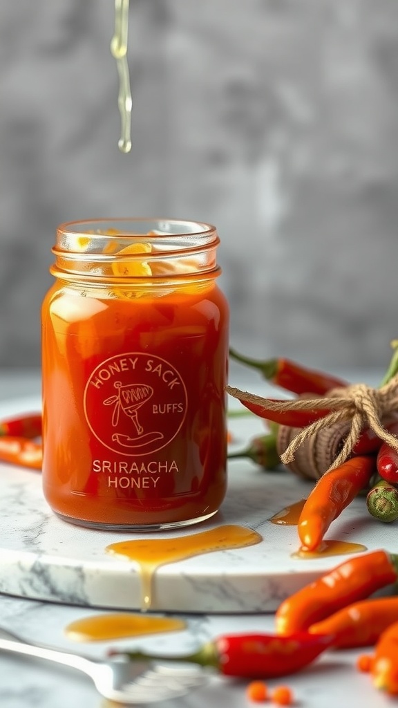 A jar of spicy sriracha honey glaze on a marble surface with fresh chilies.