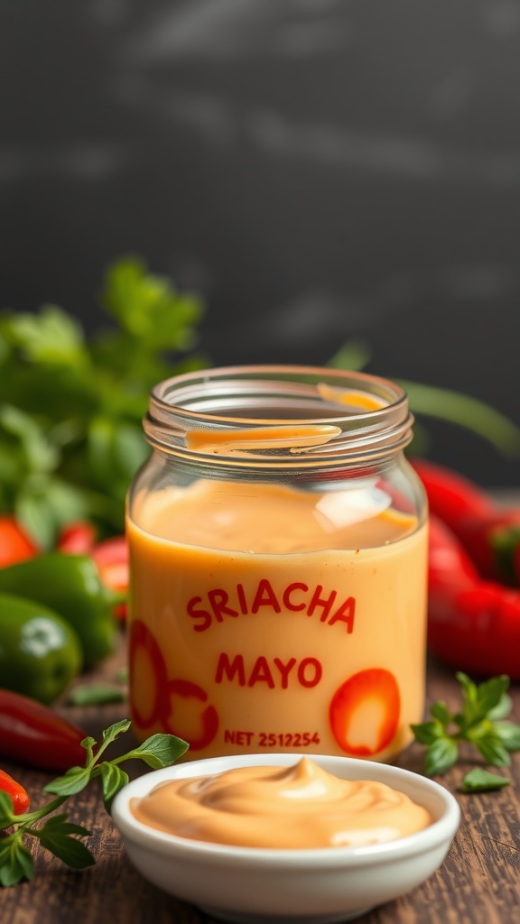 A jar of Spicy Sriracha Mayo next to a small bowl of the sauce, surrounded by fresh ingredients.