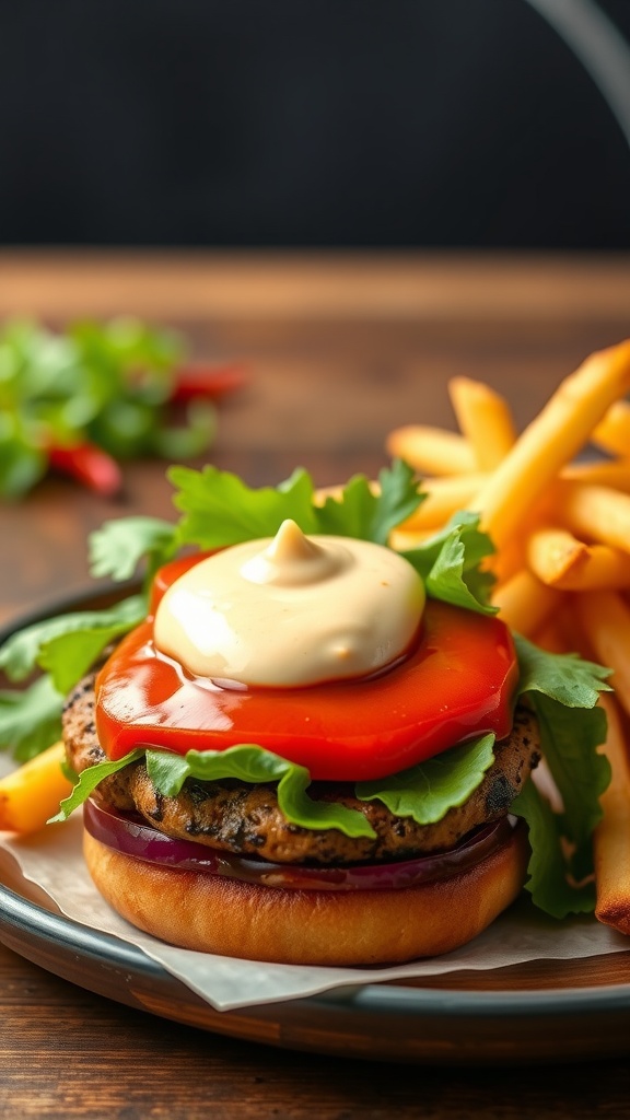 Delicious spicy sriracha mayo on a burger with fries on the side.