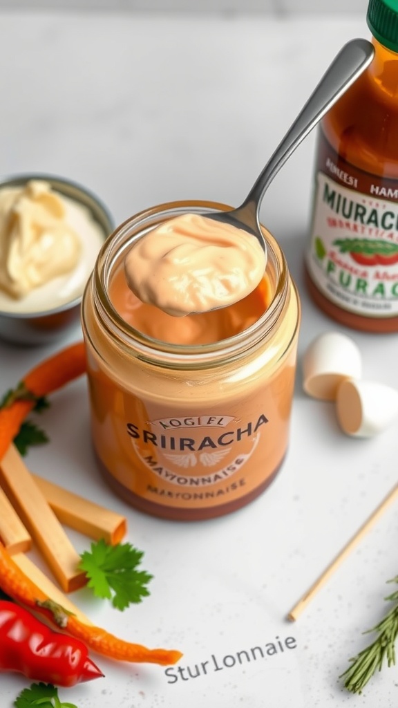 A jar of spicy sriracha mayo with ingredients like mayonnaise, sriracha sauce, and garlic around it.