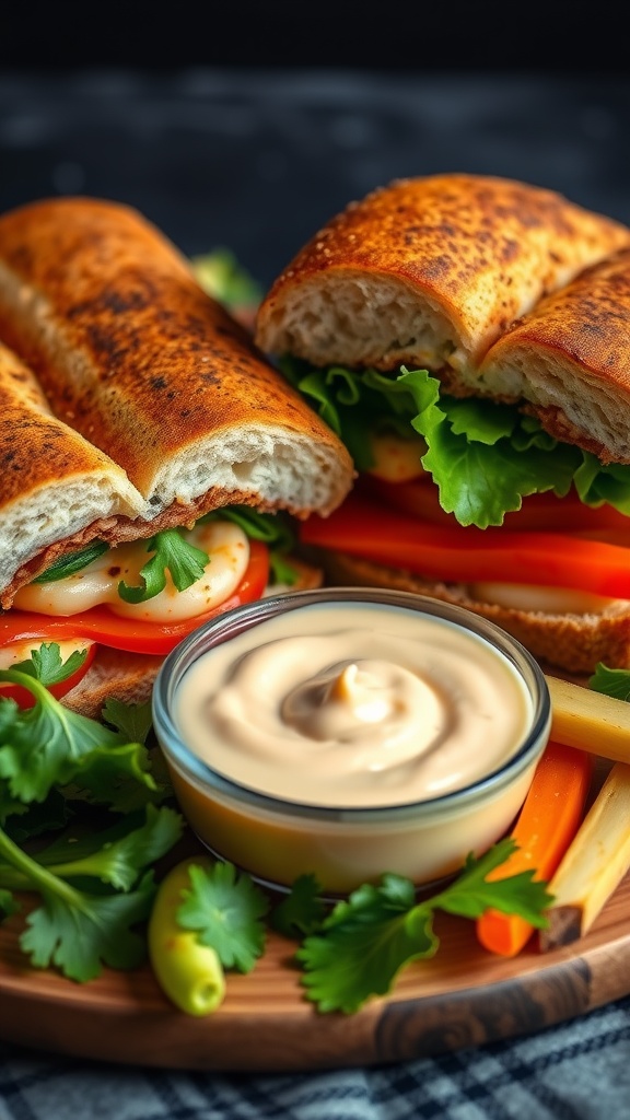 Spicy Sriracha mayo served with fresh sandwiches and vegetables.