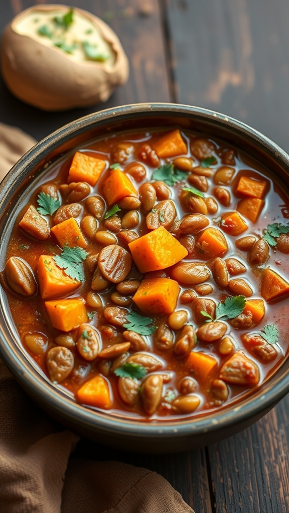 A bowl of spicy sweet potato and lentil stew with fresh cilantro on top.