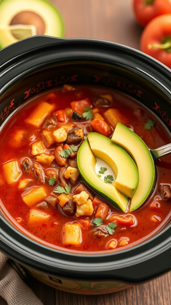 A bowl of spicy taco soup with avocado slices on top, surrounded by fresh ingredients.