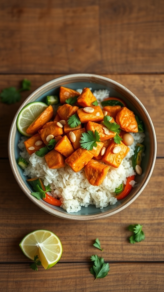 Delicious spicy Thai peanut chicken bowls on a wooden table.