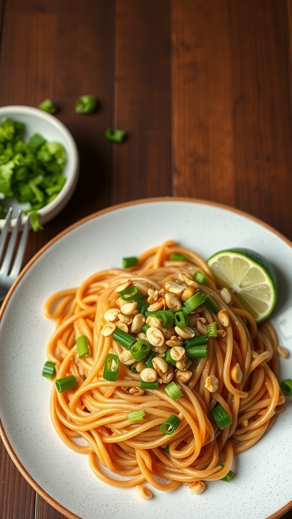 A plate of Spicy Thai Peanut Noodles topped with green onions and crushed peanuts, served with lime wedges.