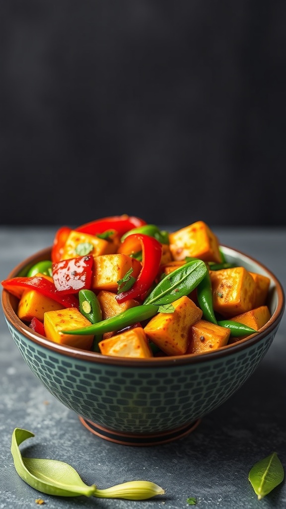 A colorful bowl of spicy tofu and vegetable stir-fry with red bell peppers and green beans.