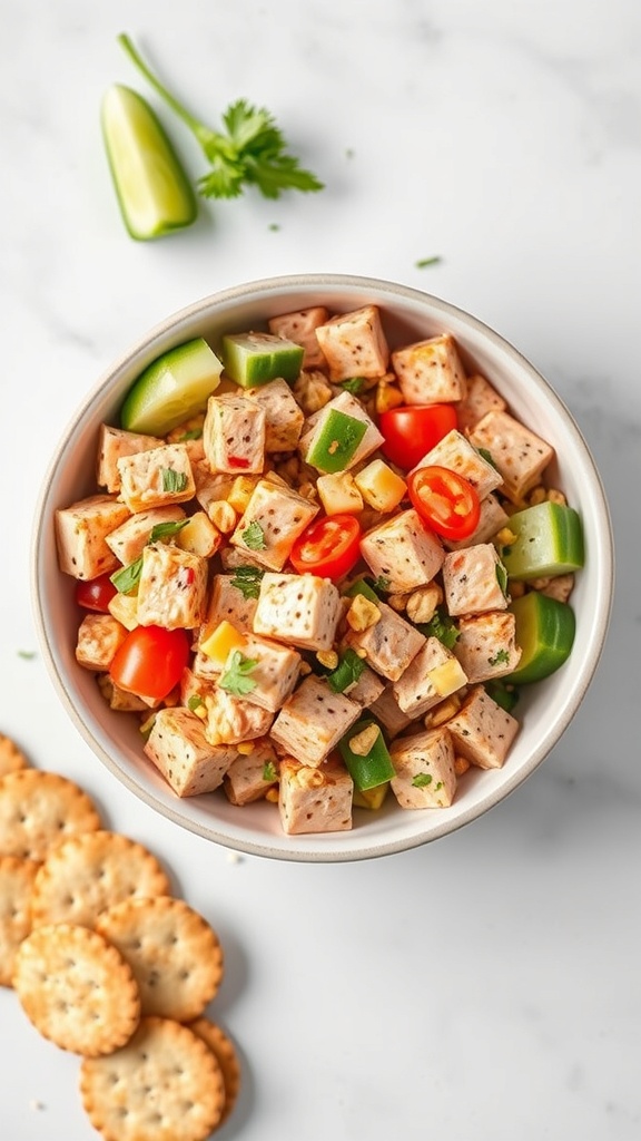 A bowl of spicy tuna salad with diced vegetables and crackers on the side.