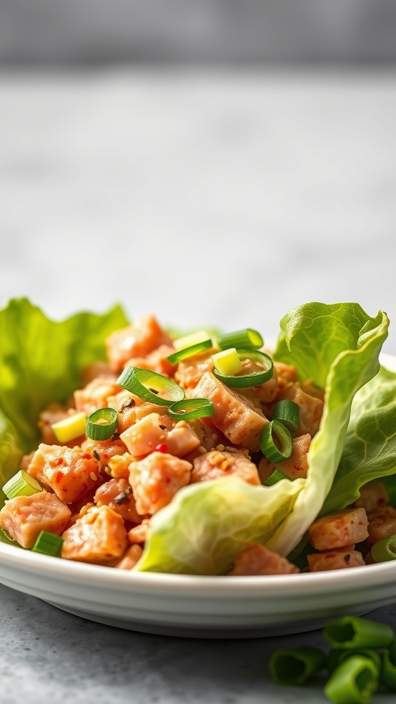 Spicy Tuna Salad Lettuce Wraps served in a bowl with green onions on top