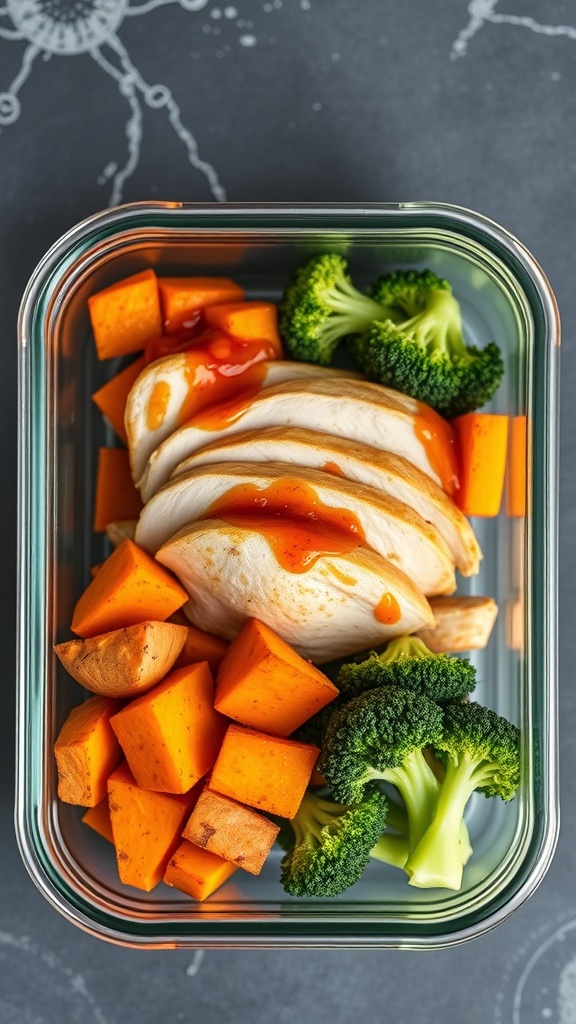 A meal prep container filled with sliced turkey, diced sweet potatoes, and broccoli, topped with sauce.