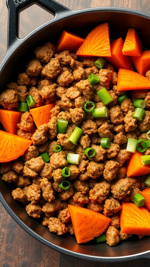 A skillet filled with spicy turkey and sweet potato chunks, garnished with green onions.