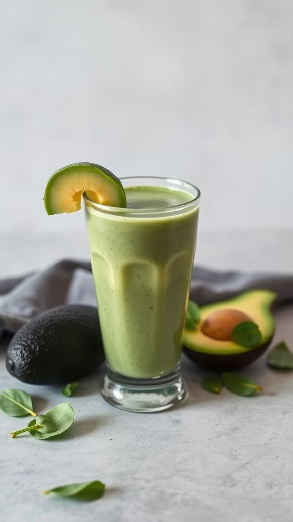 A refreshing spinach and avocado smoothie in a glass, garnished with lime