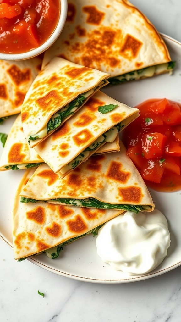 Delicious spinach and cheese quesadillas served with salsa and sour cream.