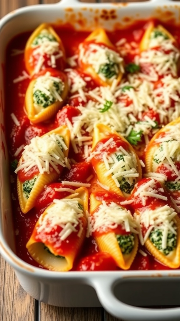 A dish of spinach and cheese stuffed pasta shells topped with marinara sauce and shredded cheese.
