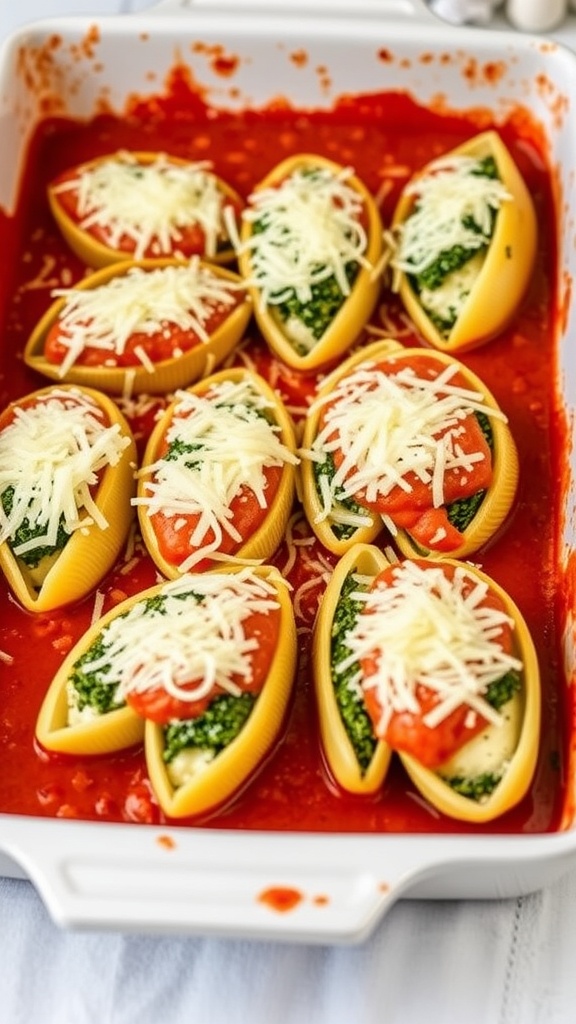 A baking dish filled with spinach and cheese stuffed shells topped with marinara sauce and mozzarella cheese.