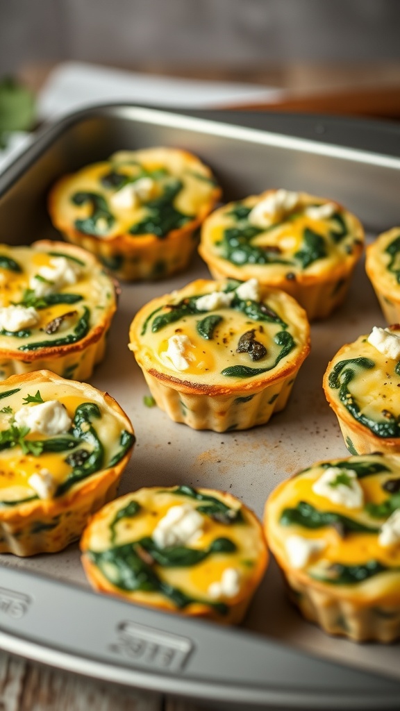 A tray of spinach and feta egg muffins, golden brown and filled with green spinach and white feta cheese.