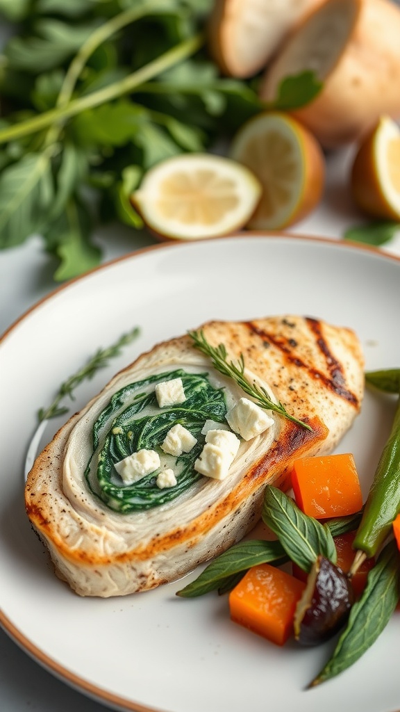 Delicious spinach and feta stuffed chicken with vegetables